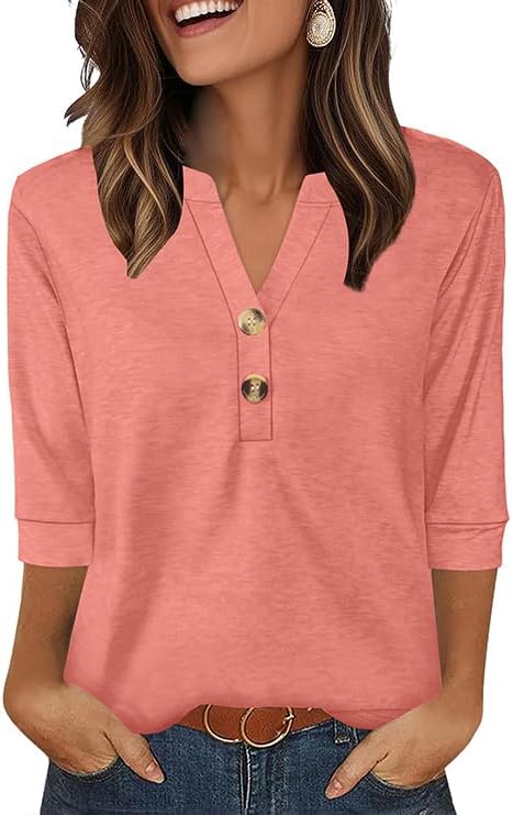 T Shirts for Women Business Casual Outfits V Neck Tops 3/4 in Coral