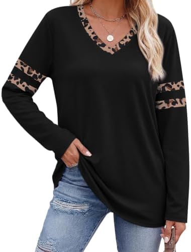 T Shirts for Women Tops Dressy Casual Long Sleeve Shirts in Black Leopard