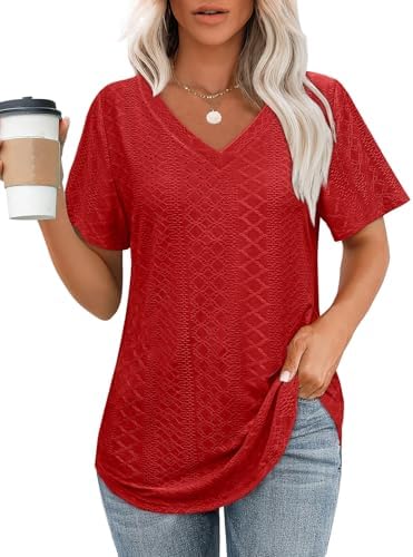 T Shirts for Women V Neck Short Sleeve Loose Fit Tops Trendy in Red