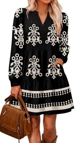 Teacher Outfits for Women Tiered Long Sleeve Floral Dresses for in Print Black