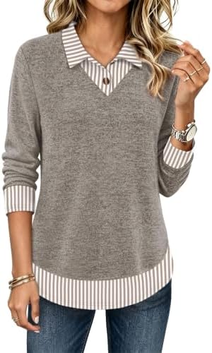 Teacher Outfits for Women Work Tops Long Sleeve Polo Shirts in Khaki Stripe