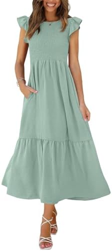 Tiered Maxi Dress Summer Maxi Dress Casual Dress Ruffle Smocked in 02- Sage Green