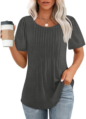 Tops for Women Casual Summer Business Shirts Puff Short Sleeve in 04-dark Grey
