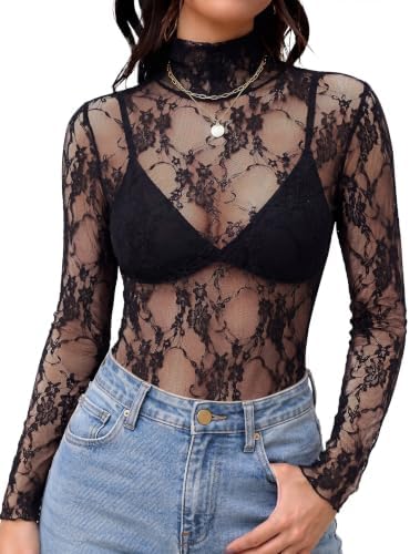 Tops for Women Going Out Long Sleeve Top Trendy Summer Mesh Top in A-black Floral