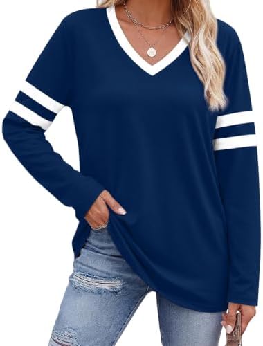 Tops for Women Long Sleeve Shirts Fall Outfits Tee Shirts Navy M in Navy Blue
