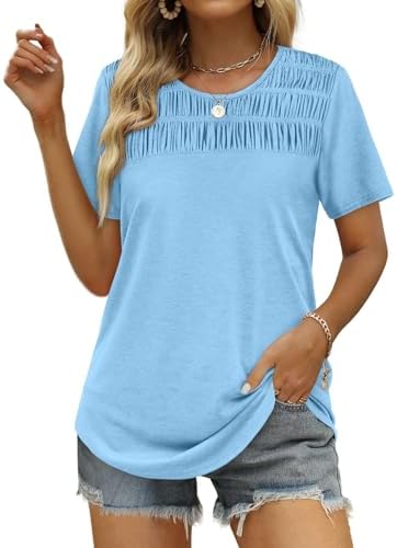 Tshirts Shirts for Women Summer Tunic Tops Shirred Round Neck in D-light Blue