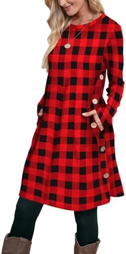 Tunic Sweater Dress for Women Long Sleeve Fall Tops to Wear in Plaid Black and Red
