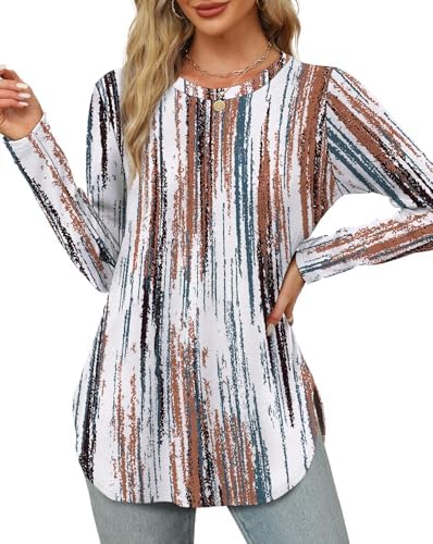 Tunic Tops for Women Loose Fit Dressy Long Sleeve Tie Dye Shirt in D-brown Printed