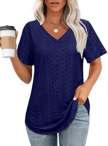 Tunics or Tops to Wear with Leggings V Neck Short Sleeve Loose in Navy Blue