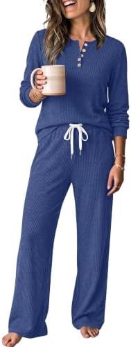 Two Piece Lounge Sets Women Fall Winter Sweater Pajamas Set in Dark Blue