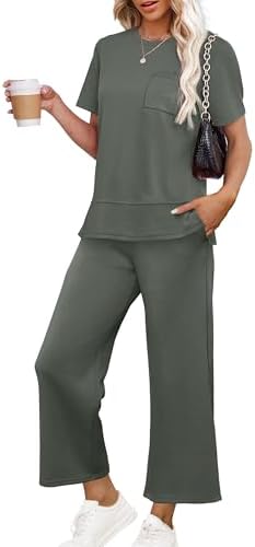 Two Piece Outfits for Women Casual Travel Loose Lounge Sets in Rock Green