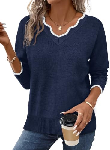 V Neck Sweaters for Women Pullover Cozy Lightweight Sweaters in Navy