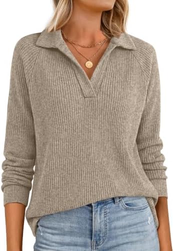 V Neck T Shirts for Women Fall Fashion Clothing Ribbed Basic in Khaki