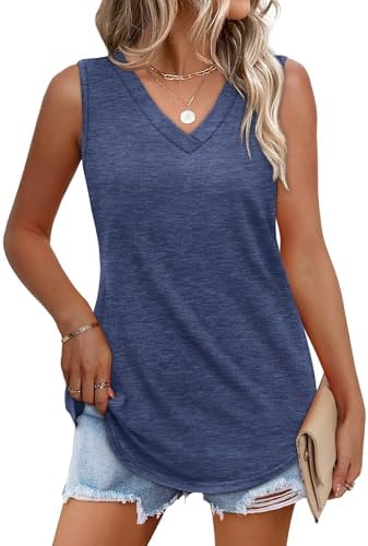 V Neck T Shirts for Women Trendy Tank Tops Flowy Sleeveless in Navy