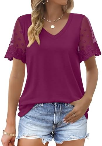 V Neck T Shirts for Women Trendy V Neck Tee Shirts Short Sleeve in 01-purple