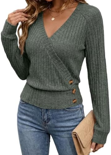 V Neck Tops for Women 2026 Long Sleeve Shirts Fall Clothes in Green