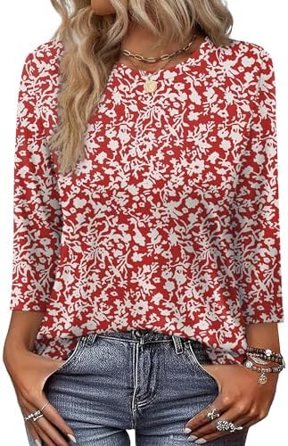 Valentines Day Outfit For Women 3/4 Length Sleeve Tops Fashion in C-red Flowers