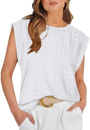 White Eyelet Tank Tops for Women Crew Neck Summer Sleeveless in Z-white