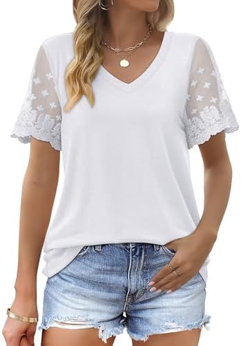 White Shirt Womens Boho Tops Short Sleeve V Neck Curved Hem in 00-white