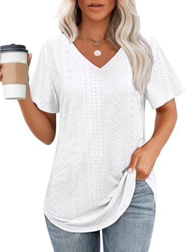 White T Shirts for Women Going Out V Neck Short Sleeve Tops in White