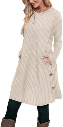 Winter Dress 2026 Womens Long Sleeve Tunic Sweater Dress in Ribbed Apricot