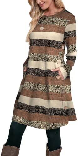 Winter Dresses Womens Long Sleeve Tunic Sweater Dress Stripe in Stripe Brown