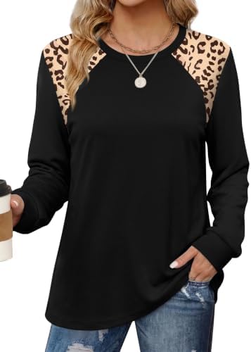 Winter Tops for Women Crewneck Sweatshirt Casual Black Leopard L in Black Leopard
