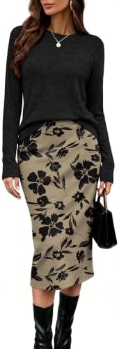 Women 2 Piece Outfits Midi Skirt Set Fall Loungewear Black in Floral Black