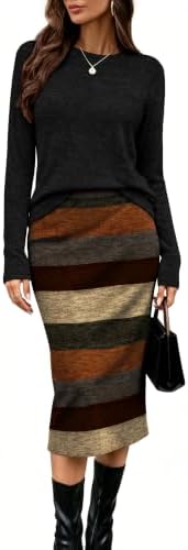 Women 2 Piece Outfits Midi Skirt Set Fall Loungewear Black in Striped Black