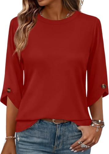 Women Blouses 3/4 Length Sleeve Dressy Casual Summer Tops Red in A-red