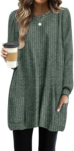 Women Long Sleeve Shirt with Pockets Tunic Tops to Wear in B Green