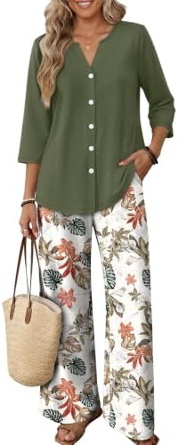 Women's 2 Piece Lounge Sets Fashion Outfits Loungewear Boho in Green Leaf