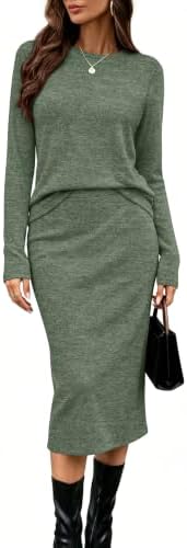 Women's 2 Piece Outfits Midi Skirt Sets Fall Loungewear Green XL in Green