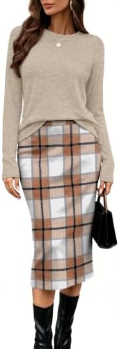 Women's 2 Piece Outfits Midi Skirt Sets Fall Loungewear Plaid M in Plaid Beige
