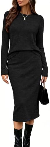 Women's 2 Piece Outfits Midi Skirt Sets Fall Loungewear Black