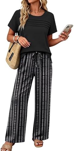 Women's 2 Piece Outfits Summer Fashion Linen Pants Matching in Black Stripe
