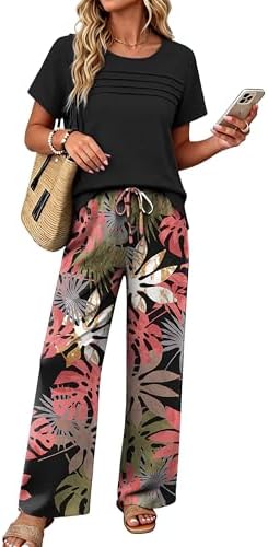 Women's 2 Piece Outfits Summer Linen Wide Leg Hawaiian Pants in Black Pink Leaf