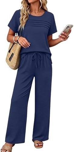 Women's 2 Piece Outfits Summer Linen Wide Leg Pants Matching in Navy Blue
