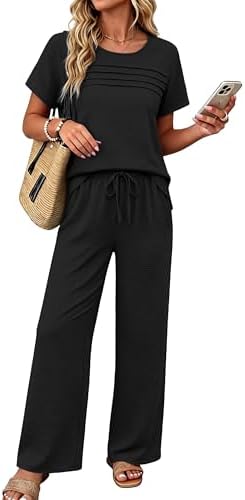 Women's 2 Piece Outfits Summer Linen Wide Leg Pants Matching in A Black