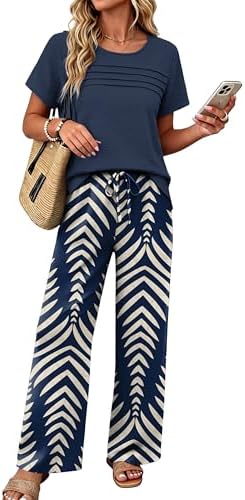 Women's 2 Piece Outfits Summer Linen Wide Leg Pants Matching in Floral Blue