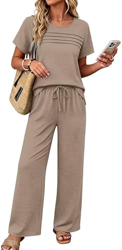 Women's 2 Piece Outfits Summer Linen Wide Leg Pants Matching in Classic Khaki
