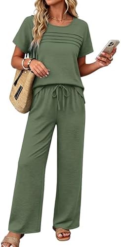 Women's 2 Piece Outfits Summer Linen Wide Leg Pants Matching in Green