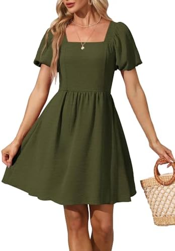 Women's Casual Dresses Olive Green Summer Puff Sleeve Square in Olive Green