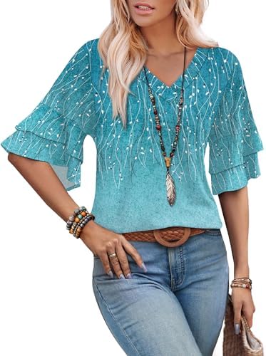 Women's Clothing Summer Boho V Neck Tops for Women Dressy in Blue Line Gradient