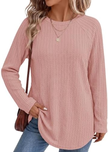 Women's Raglan Long Sleeve Tunic Tops Casual Fall Shirts Pink L