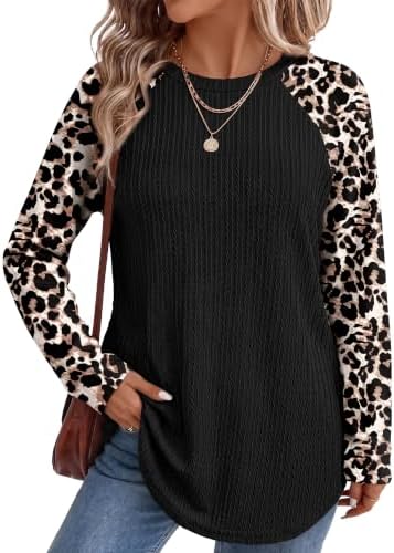 Women's Raglan Long Sleeve Tunic Tops Casual Fall Shirts in Leopard Black