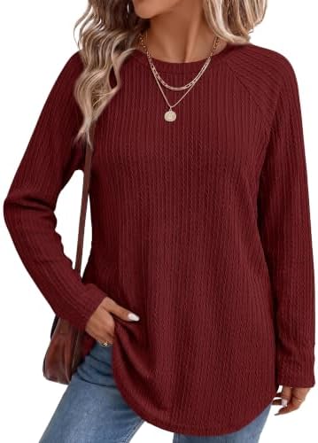 Women's Raglan Long Sleeve Tunic Tops Casual Fall Shirts Red L in Burgundy