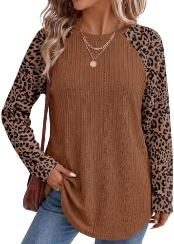 Women's Raglan Sleeve Tunic Tops Plus Size Fall Shirts Leopard in Leopard Brown