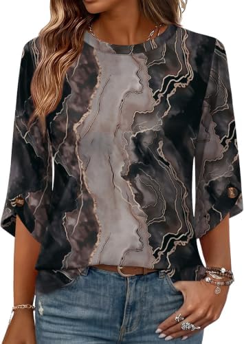 Women's Summer Boho Tops 3/4 Sleeve Blouses Fall Fashion Marble in F-dark Marble