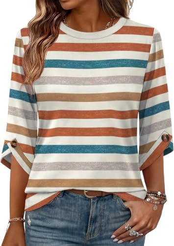 Women's Tops 3/4 Length Sleeve Blouses Casual Summer Multi in F-multi Stripe
